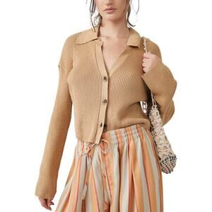 Free People Ella Sweater Shirt Tan Large Cotton Viscose Linen Blend NWT